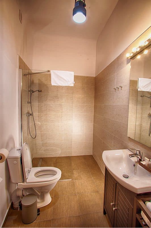 The standard room's bathroom, with a glass-walled shower, basin and mirror.